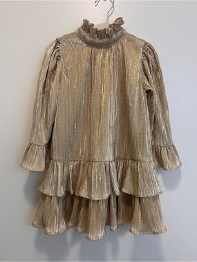 Janie & Jack Gold Metallic Pleated Ruffle Dress Size 3T Holiday Party